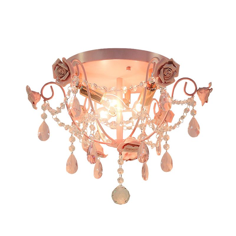 3-Köpfe Crystal Flush Mount Pastoral Pink Expose Birne Schlafzimmer in der Nähe von Deckenbeleuchtung