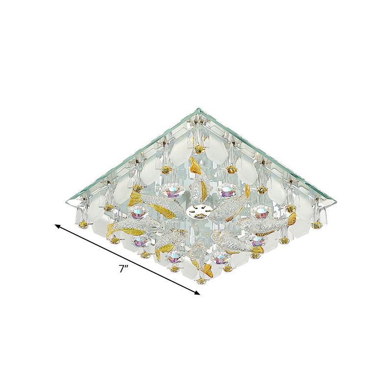 Small Squared LED Flush Ceiling Light Modernist Yellow Crystal Flush Mount Lighting with Fish Design, Warm/White Light