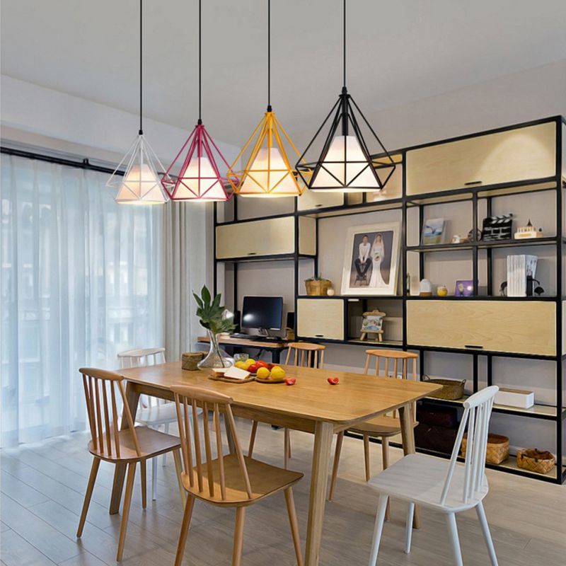 4-Color Optional Metal Cage Hanging Light Single Bulb Diamond Shaped Bedroom Lighting Fixture