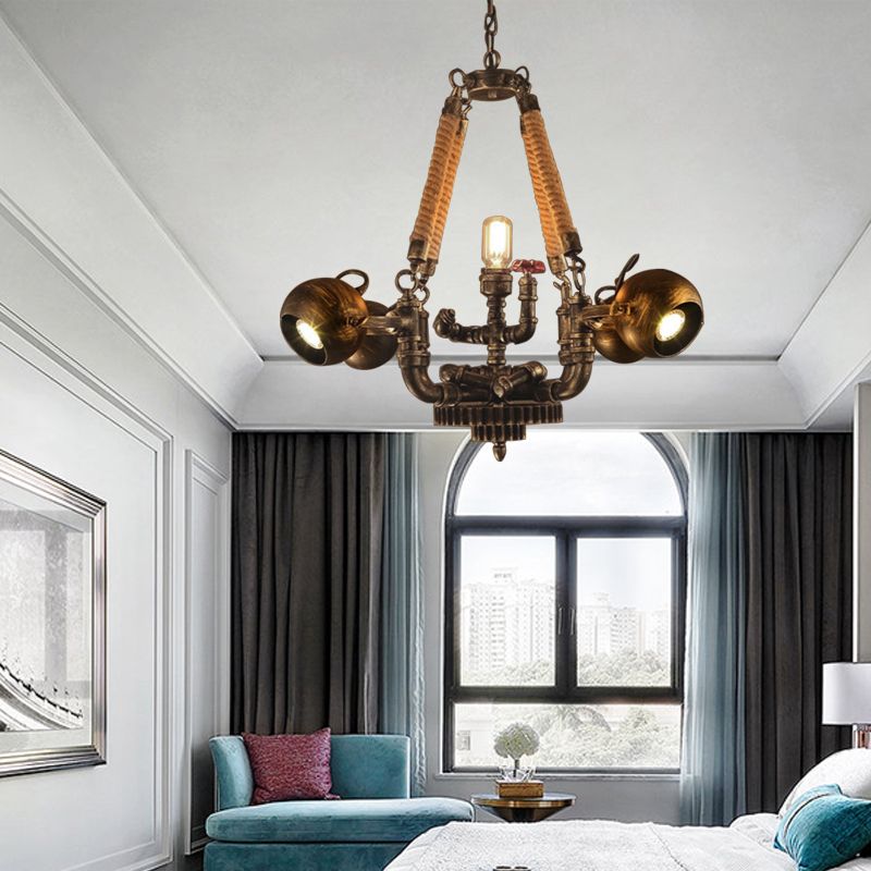 Éclairage de lustre à 5 lumières avec un pendentif global de bronze et de corde à barre de bronze et de corde pour bar