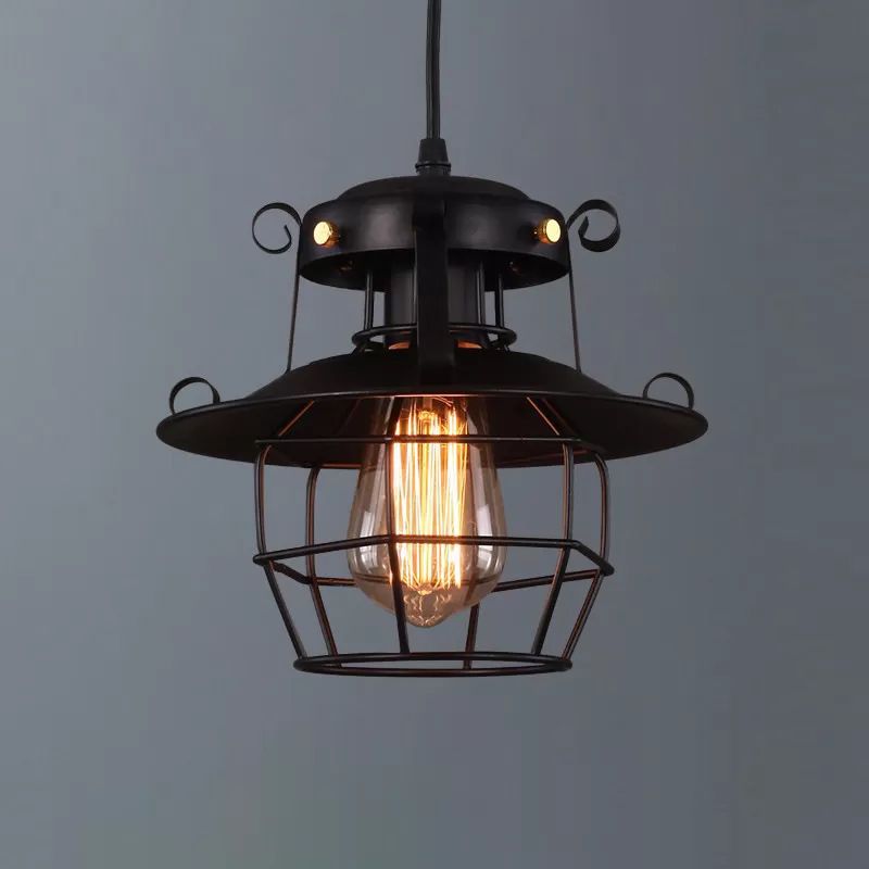 1-Bulb Ceiling Hanging Lantern Rustic Dining Room Down Lighting Pendant with Wire Cage in Black