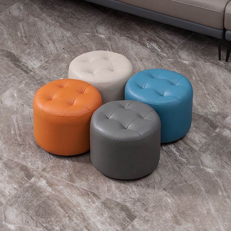 Modern Genuine Leather Ottoman Plain Tufted Detail Round Footstool Ottoman