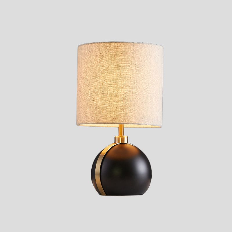 Black Global Table Light Modern 1-Head Metal Night Lamp with Cylinder Flaxen Fabric Shade