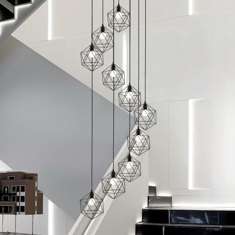 Geometric Cage Staircase Multi Ceiling Lighting Metallic Suspension Light Fixture