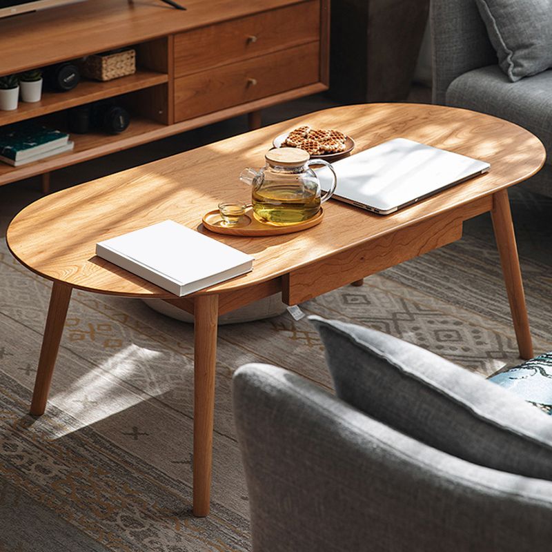 Nordic Solid Wood Cocktail Table with 1 Drawer Oval Coffee Table