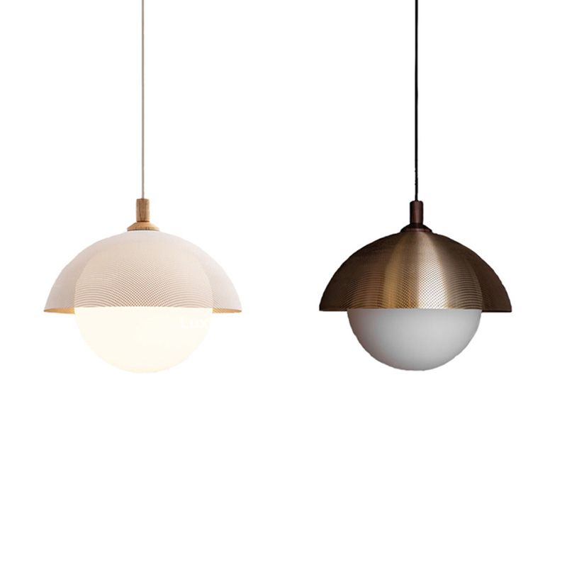 Globe Suspension Lamp Modern 1-Light Walnut Wood Hanging Light Fixture with Glass Shade