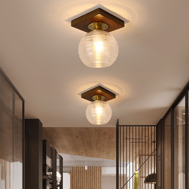 Modern Wood Ceiling Light Geometric Shape Flush Mount with Glass Shade for Living Room
