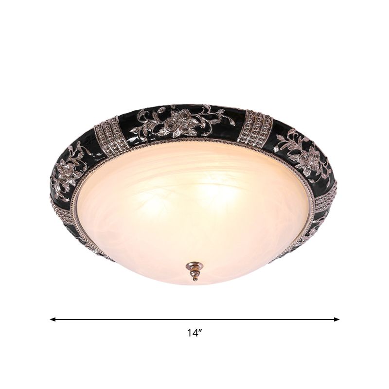 3-Light Frosted Glass Ceiling Flush Rural Black Domed Corridor Flush Mount Lamp with Leave/Flower Deco, 14"/19.5" W