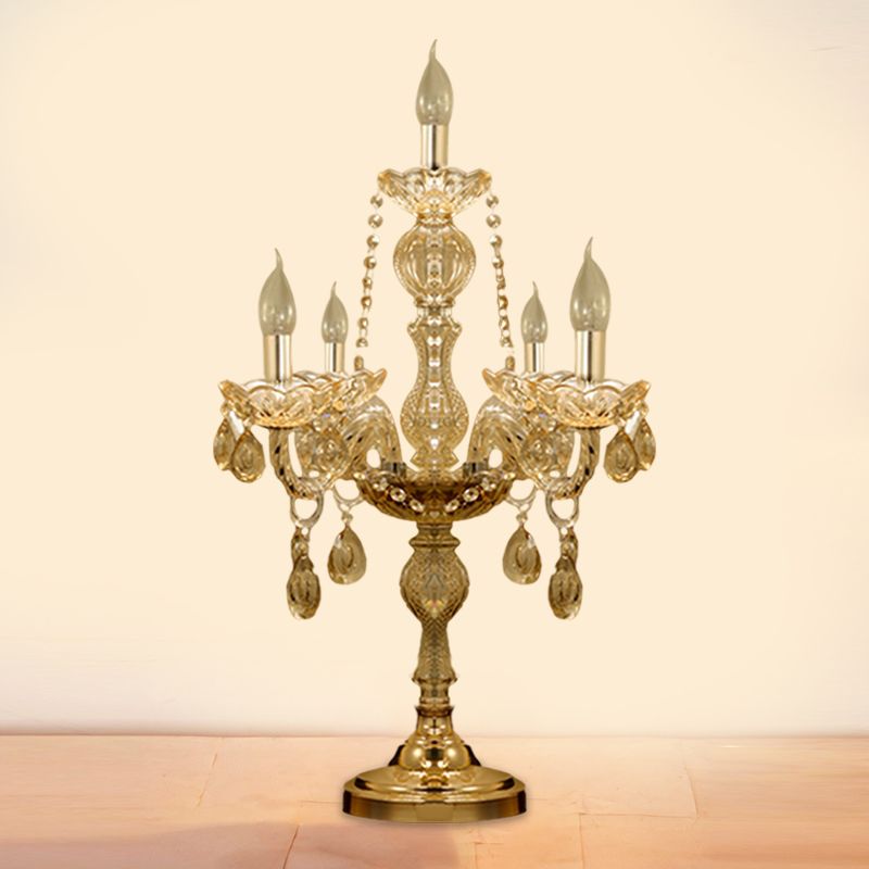 5/6 têtes Candelabra Table Light Traditional Gold Crystal Droplets Tablette de nuit avec / Sans nuance de tissu de cloche blanche