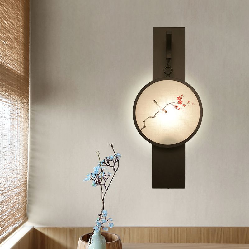 Flower/Bird LED Mural Wall Hanging Light Chinese Fabric Tearoom Wall Mounted Lamp in Black