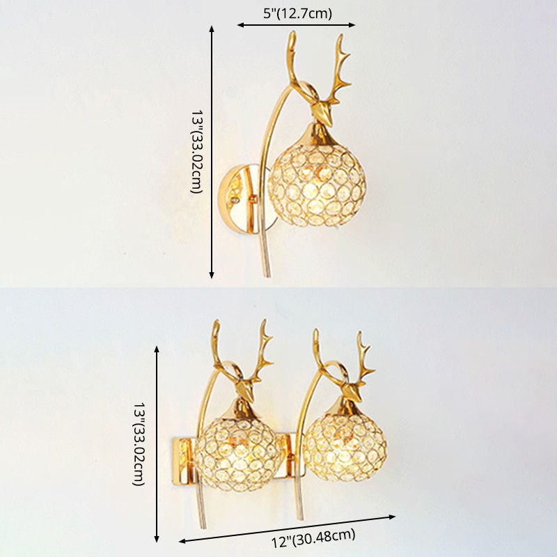 Gold Deer Head Wall Lamp Fixture Minimalist Metal Sconce Light with Ball Crystal Shade