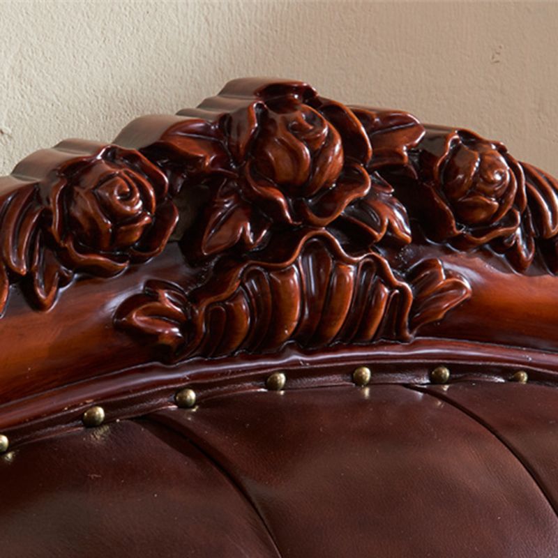 Genuine Leather Sofa Tufted Split-Back Rolled Arm Sofa in Brown
