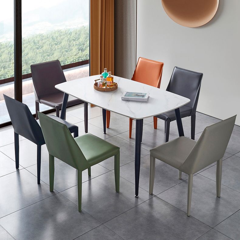 Silla de comedor de cuero moderna, silla sin brazos de metal para uso doméstico (juego de 2)
