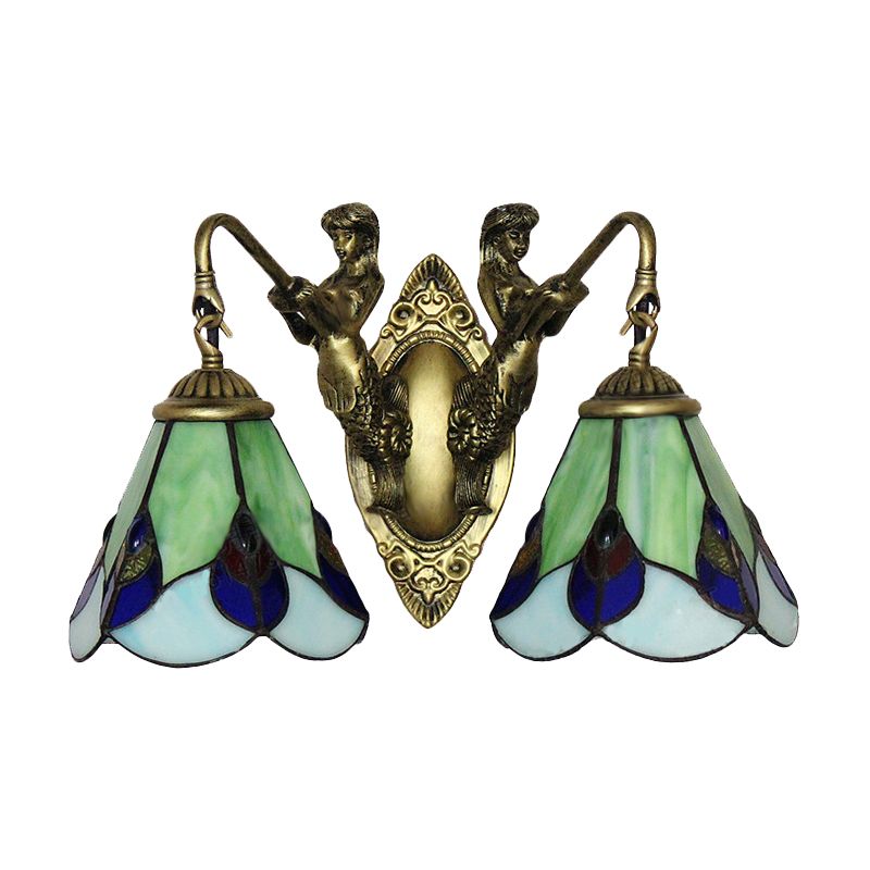 Green Glass Flower Wall Mounted Light Tiffany 2 Heads Antique Brass Sconce Lighting