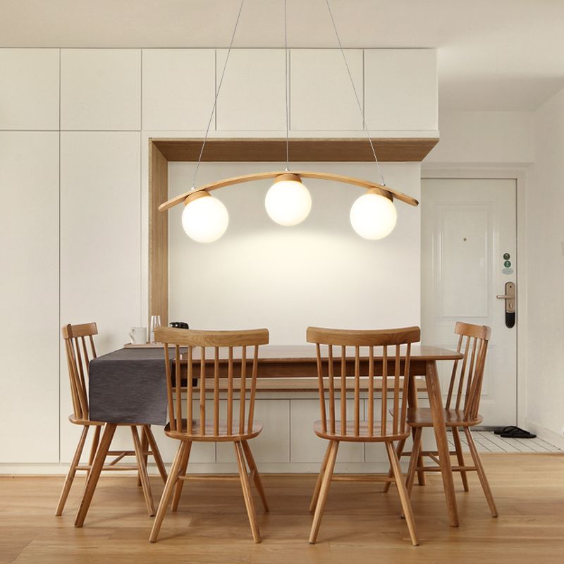Arc Island Ceiling Light Nordic Wooden 3-Head Dining Room Hanging Lamp with Ball White Glass Shade