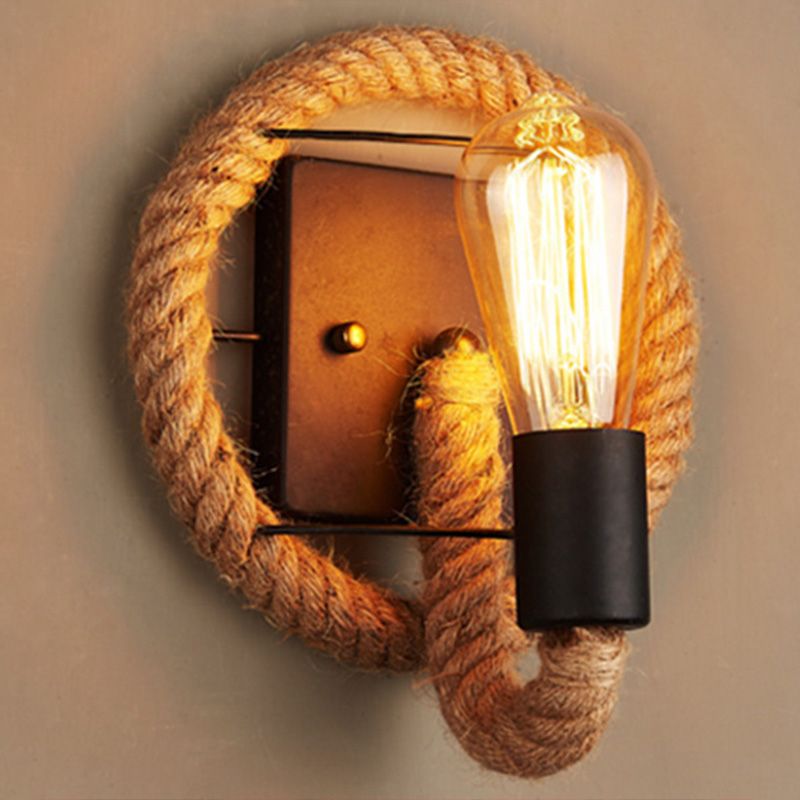 Loop Shaped Rope Wall Sconce Rustic 1-Head Corridor Wall Light with Bare Bulb Design in Wood
