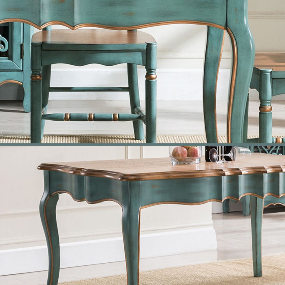 Traditional Wooden Dining Room Set Standard Height with Rectangle Top and Blue Base Dining Furniture