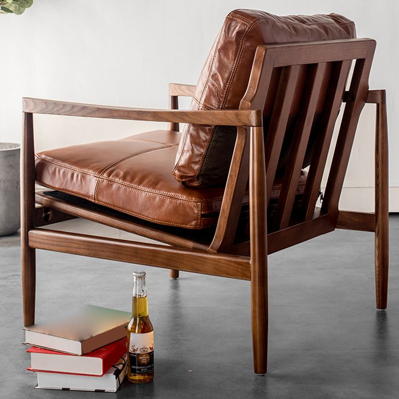 Pu Leather Arm Chair Square Arms Solid Wood Frame Pillow Back Chair