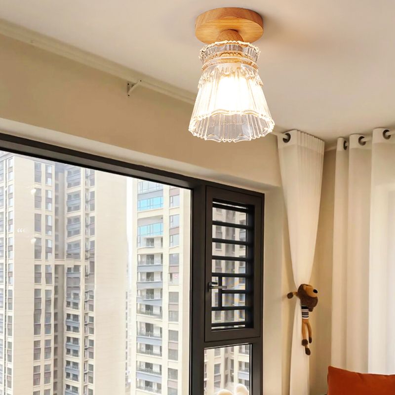 Modern Wooden Semi Flush Mount Glass Shade Semi Flush for Living Room