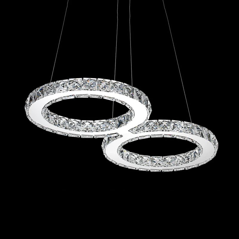 Double Ring Crystal Hanging Pendant Light Modern 2 Heads Silver LED Chandelier Lamp in Warm/White Light for Dining Room