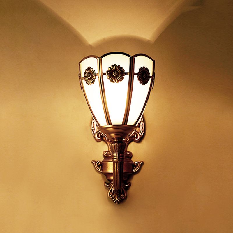 1/2 Lights Indoor Sconce Retro Floral Beveled Opal Glass Shade Wall Lamp with Golden Exquisite Carved Element