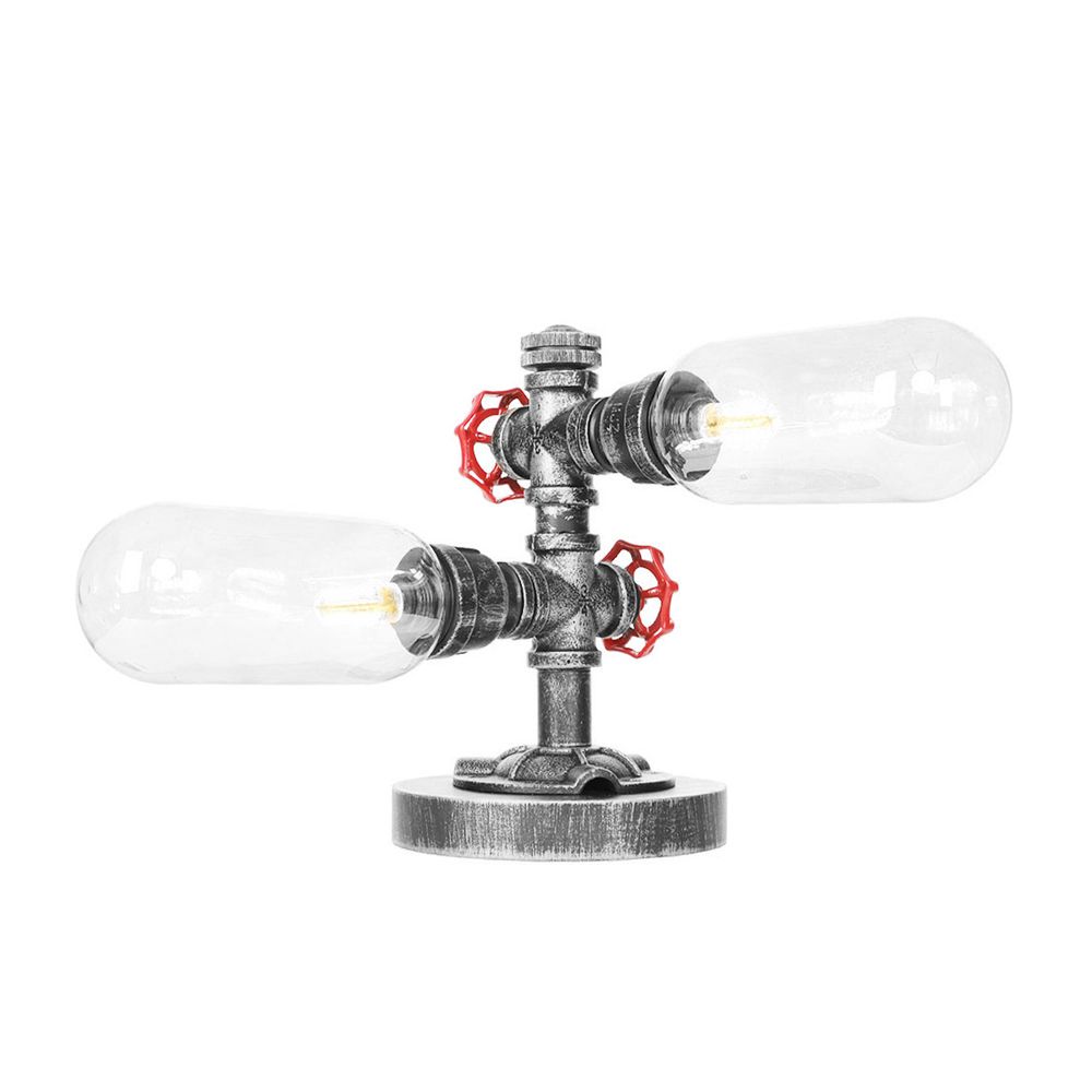 Lámpara de escritorio industrial de 2 luces con pantalla de cápsula de luz de mesa plateada antigua de vidrio transparente/ámbar para sala de estar