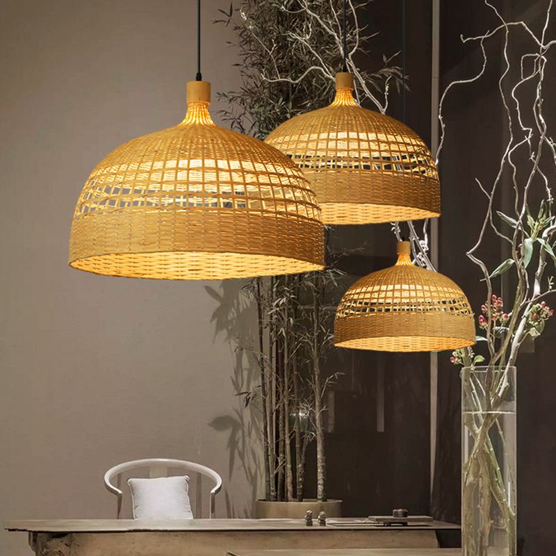 Bowl Shape Hanging Lighting Modern Style Bamboo 1 Light Pendant Lamp for Tea House