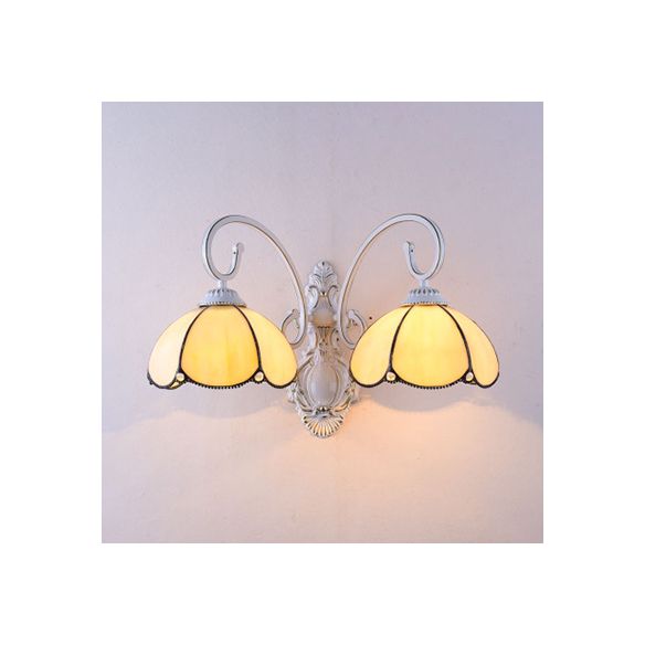 Stained Glass Scalloped Wall Light with White Curved Arm 2 Lights Traditional Sconce Light in White/Clear/Blue/Beige