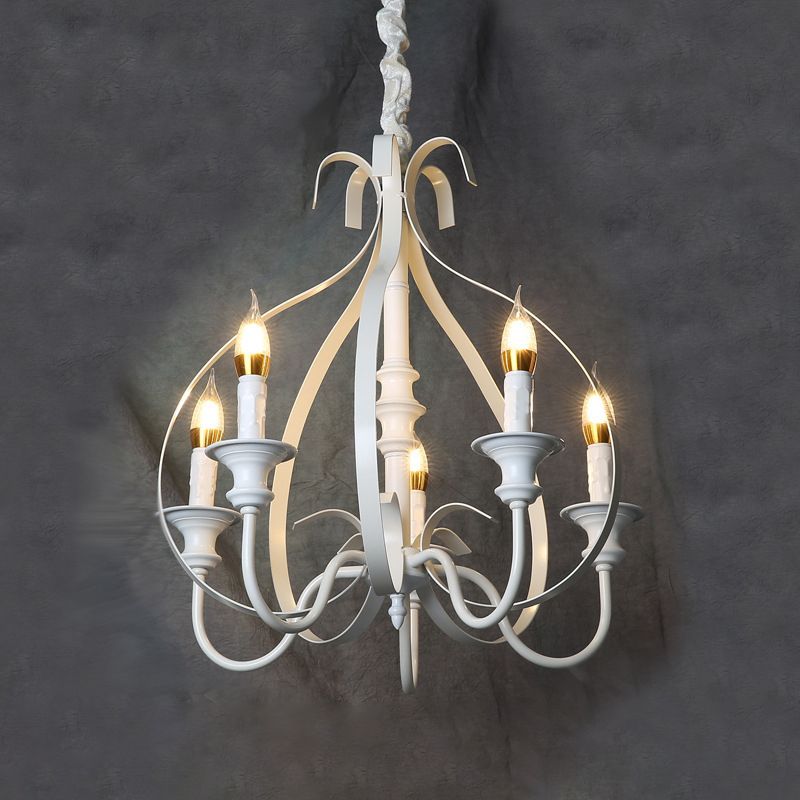 Swooping Arm Metal Chandelier Light Traditional 5 Lights Dining Room Pendant Lighting in White
