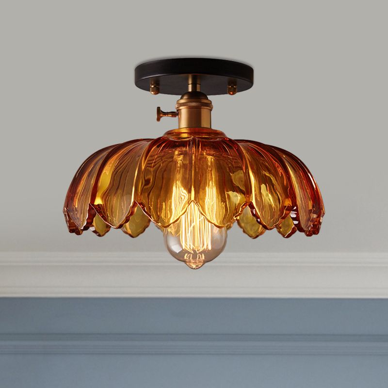 White/Amber One Light Ceiling Mount Industrial Prismatic Glass Scalloped Semi Flush Light