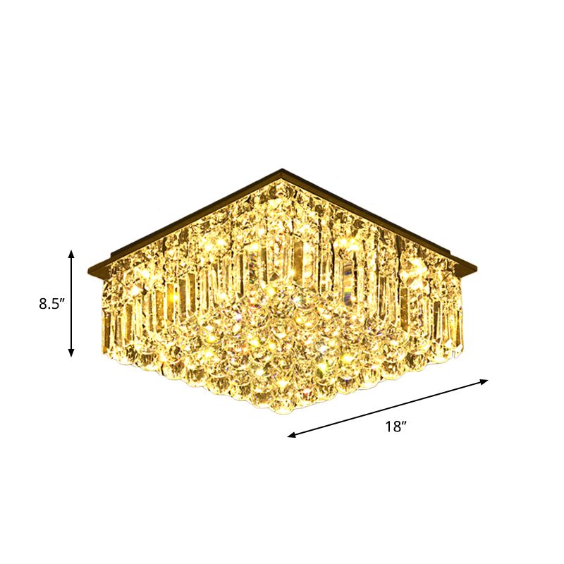 Stainless-Steel Square Ceiling Light Modern Clear Bevel Cut Glass LED Flush Mount Lighting for Bedroom