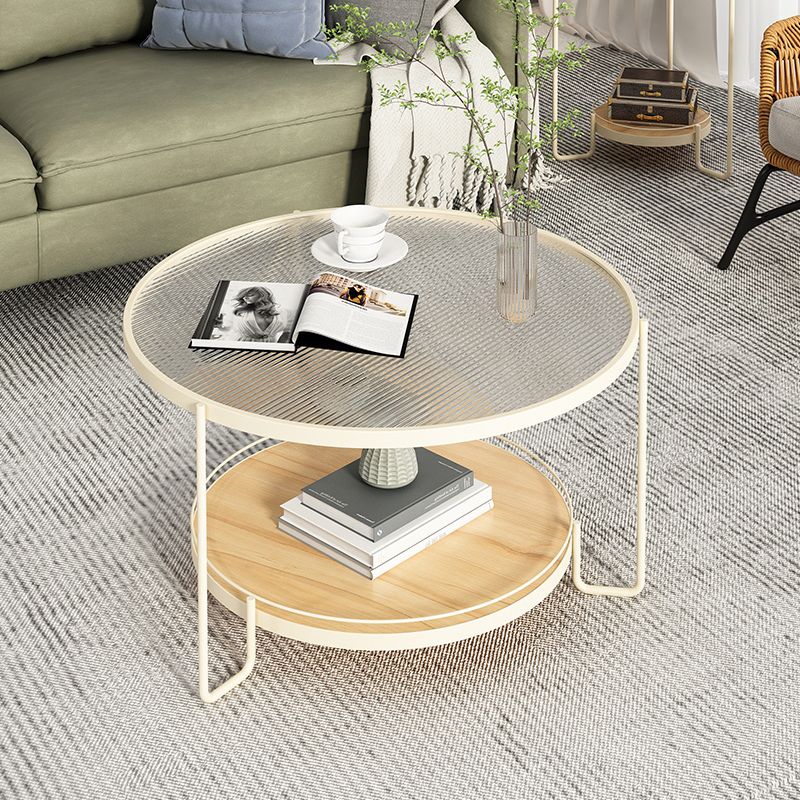 Round Glass Top Coffee Table 17.7" H Iron 3 Legs Cocktail Table with Shelf