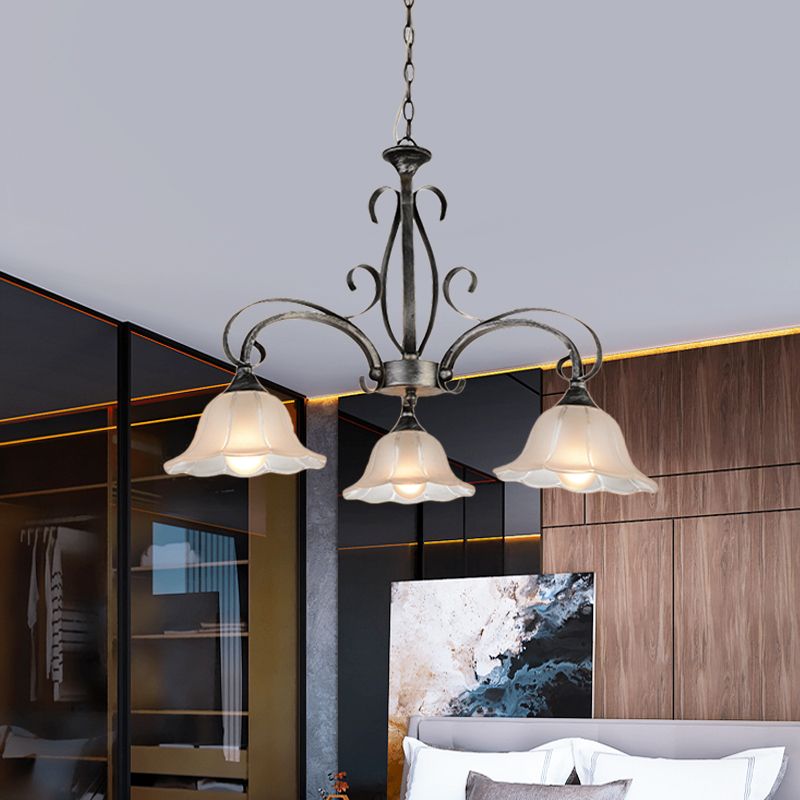 Doorschijnende glazen bloemenhangselverlichting Vintage 3-head woonkamer kroonluchter lamp armatuur in zilver