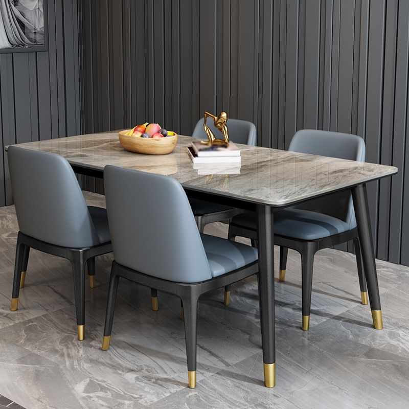 Stone Top Dining Table Modern Rectangle Table with 4 Metal Legs in Black