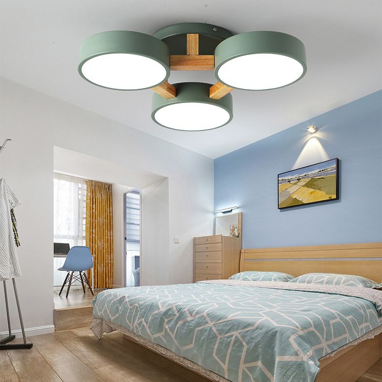 LED Nordic Creative Creative Semi Flush Mount Affermazione Circle a soffitto a soffitto in legno Luce montata per camera da letto