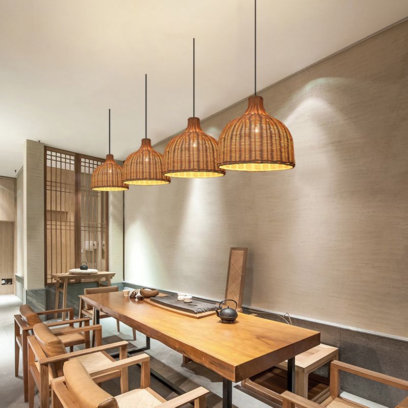Rattan Bell Shadded Pendelleuchte zeitgenössische Einzel-Bulb-Holzsuspensionsbeleuchtung