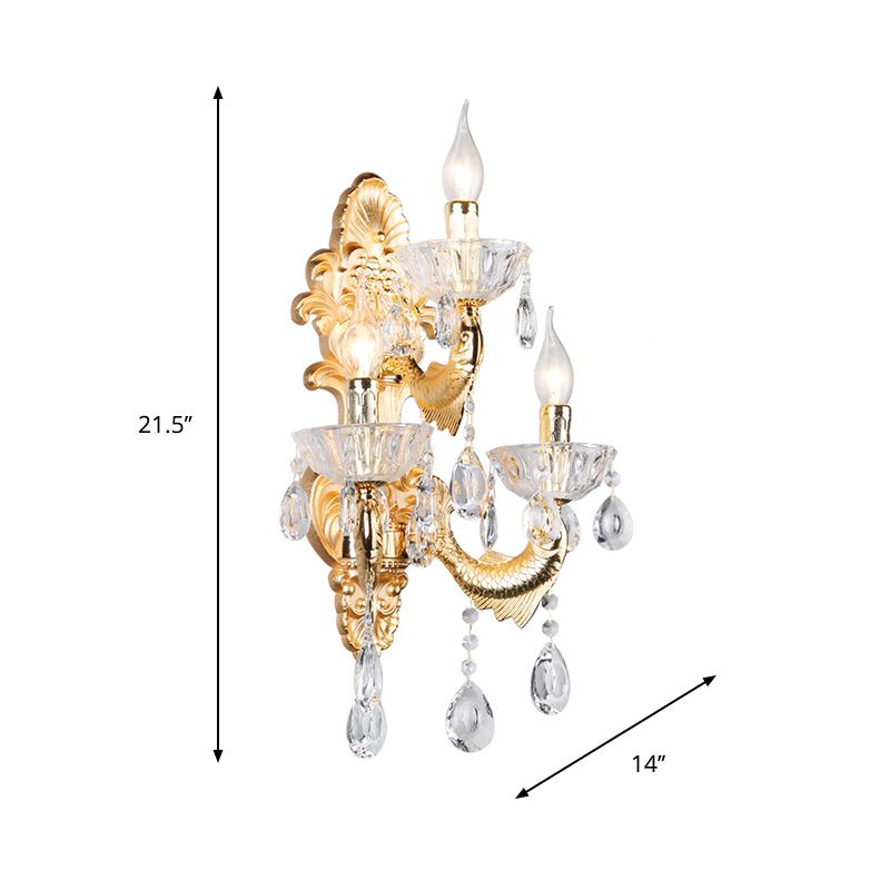 Classic Candle Wall Mount Lamp 3-Light Crystal Wall Light in Gold with Fish-Shaped Metal Arm