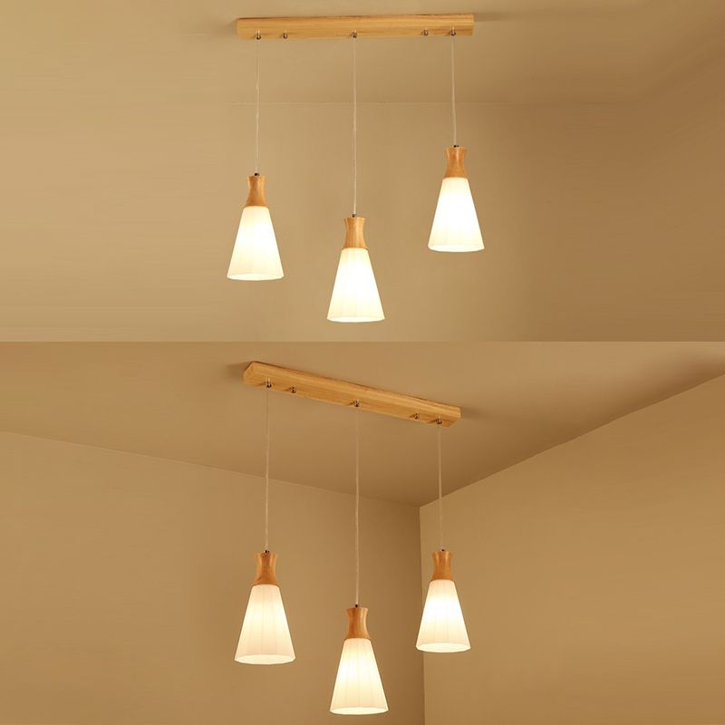 Nordic 3 Lights Pendant Wood Geometric Hanging Light Fixture with White Glass Shade