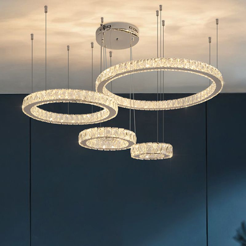 Roestvrijstalen ring LED Multi-plafondlicht Moderne kristallen ophanging verlichting voor woonkamer