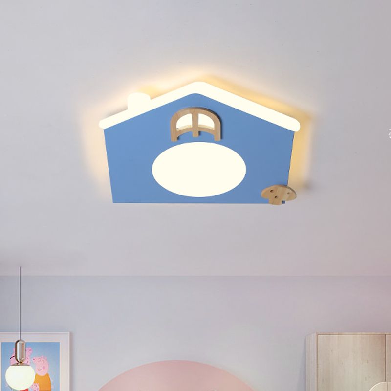 Acrylic House Thin Flush Mounted Light Cartoon Pink/Blue LED Ceiling Flushmount Lamp for Kids Room