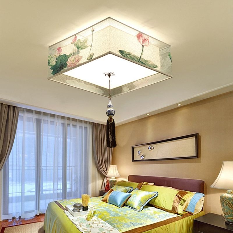 Traditional Classic Geometric Flush Mount Wrought Iron Indoor Ceiling Light with Fabric Shade