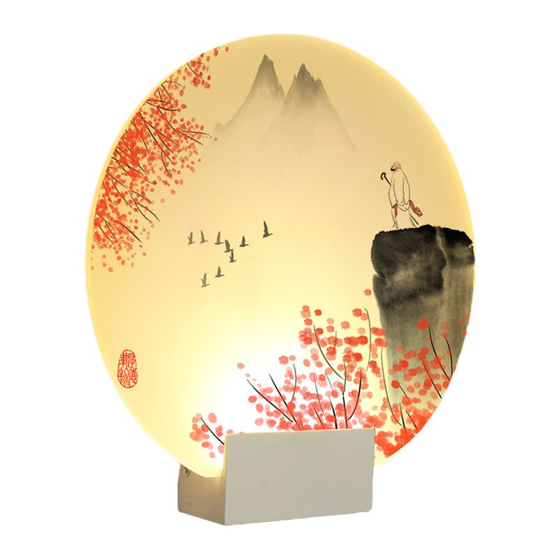 LED -muurschilderlamp met oosterse stijl met acryl schaduw Witte cirkelvormige berg- en bloemwandgemonteerde verlichting