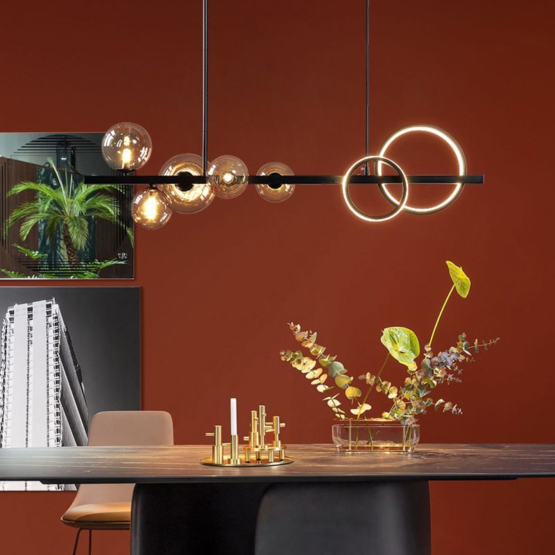 Post Modern Kitchen Island Light in Black / Gold Aluminum Ceiling Fixture with Glass Shade