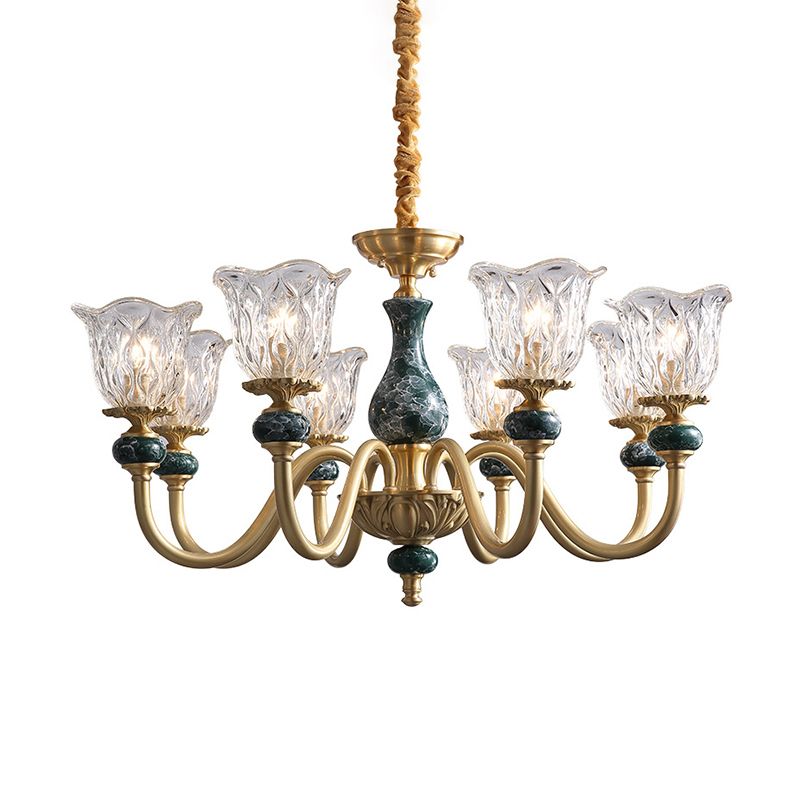 Traditional Flared Ceiling Lighting Carved Glass Chandelier Light Fixture with Ruffle Edge in Brass