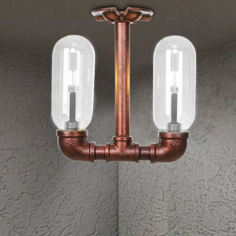 Capsule Dining Room Semi Flush Industrial Clear Glass 2 Lights Weathered Copper Ceiling Lighting with Pipe Design