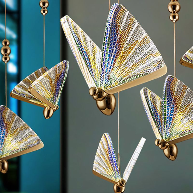 Butterfly Acrylic LED Pendant Lamp Artistic Gold Finish Hanging Lamp for Dining Room