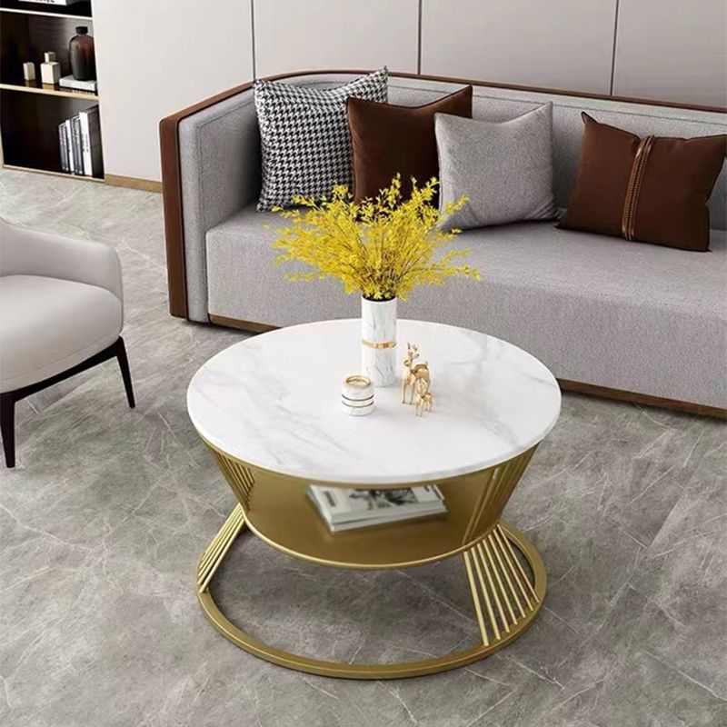 Modern Slate Frame Coffee Table Open Shelf Round Cocktail Table in Black/White