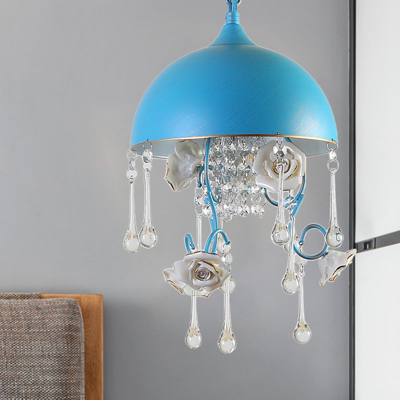 3 Bulbs Dome Chandelier Blue Iron Pendant Lighting with Rose Decor and Clear Crystal Drop
