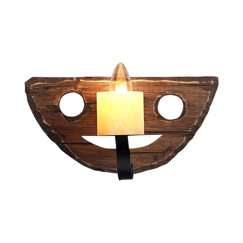 1-leichte Laterne Wandleuchte Kit Land braun klare Glaswandhängelampe mit Rechteck/Halbkreisholz Rückenplatte