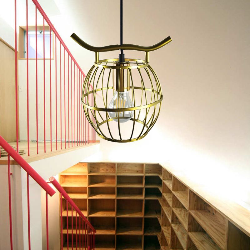 1 Light Metal Hanging Light Vintage Gold Orb Cage Stairway Pendant Light Fixture